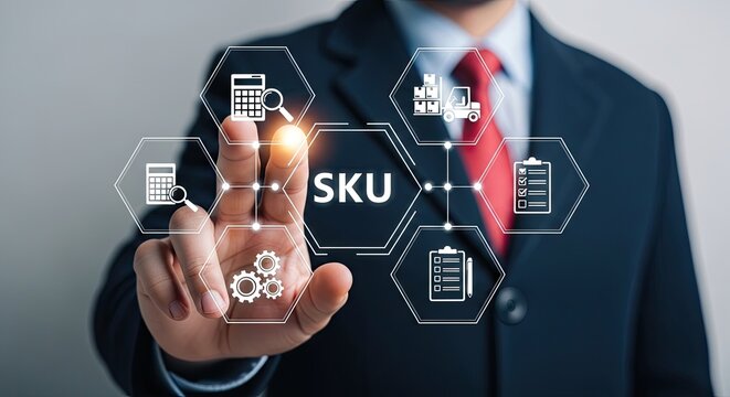 Businessman in suit interacting with digital interface of stock keeping unit SKU and inventory management icons
