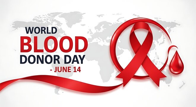 World blood donor day june 14 banner with red ribbon and blood drop