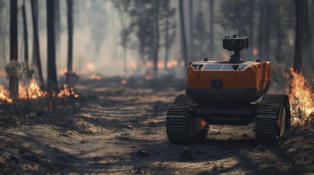 Autonomous robots helping firefighters control wildfires, using real-time data to target and extinguish hotspots efficiently