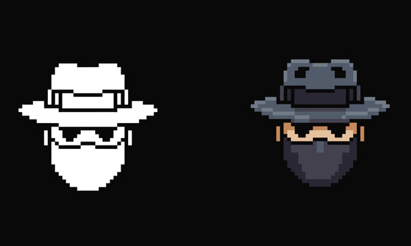 Pixel art style illustration showing two mysterious masked figures wearing fedora hats in a side by side digital composition
