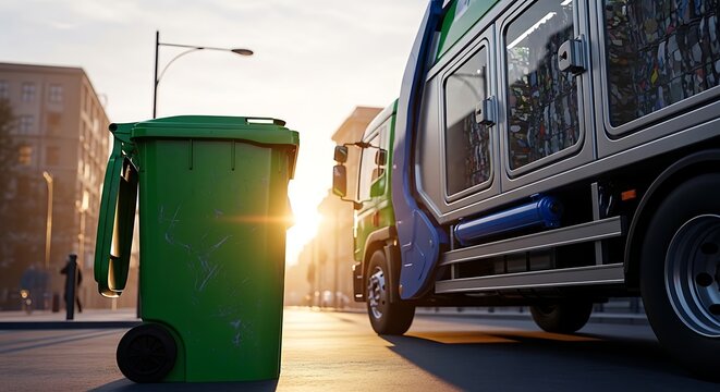 Green waste bin beside a garbage collection truck on a city street at sunset