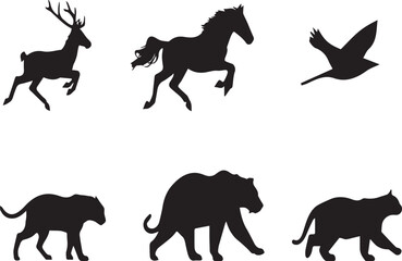 Obraz premium Collection of Wild Animal Silhouettes Vector Set Featuring a Deer, Horse, Flying Bird, and Big Cats like Tiger and Leopard, Perfect for Nature Designs, Logos, and Creative Projects.