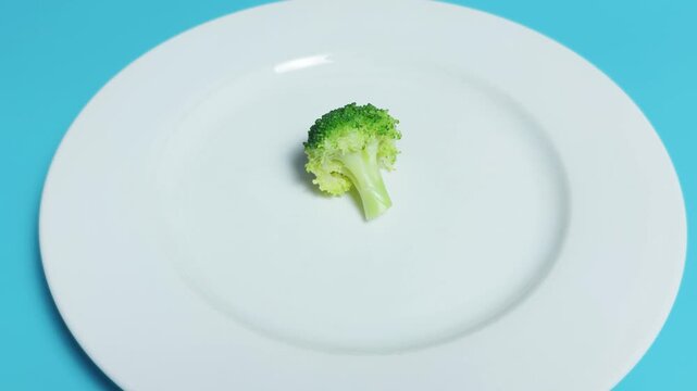 Small broccoli floret positioned centrally on a simple white plate, representing concepts of restricted diet, healthy food, minimalism, and mindful portion sizing for health and wellness