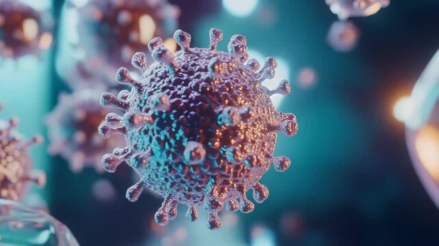 Microscopic view of virus particles, resembling pathogenic microbes, causing an infectious disease outbreak and threatening global health during a health crisis