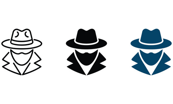 Three distinct icons of a mysterious detective figure wearing a fedora hat and trench coat shown in different artistic styles
