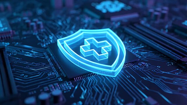 Medical data protection shield glowing on a computer motherboard circuit background.