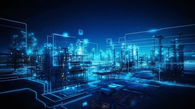 Futuristic industrial facility illuminating an integrated network of infrastructure and data streams, representing modern manufacturing, smart connected systems, and digital transformation