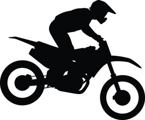Extreme motocross rider jumping dirt bike silhouette with helmet and protective gear in midair action. © MOSTLAKI