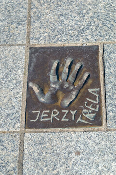 Miedzyzdroje, Poland - May 3, 2026: Handprint and signature of Jerzy Trela at Walk of Fame, Promenade of Stars (Promenada Gwiazd). Trela was Polish actor.