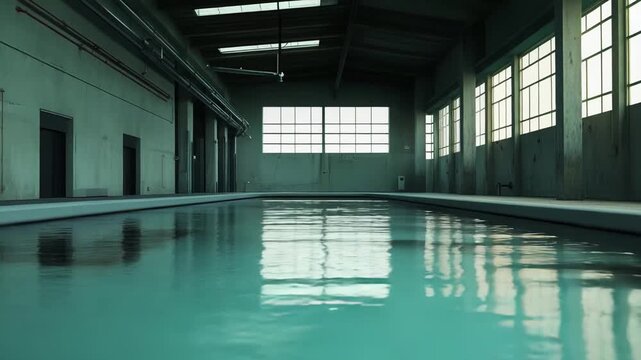 Empty pool reflecting light in a desolate concrete industrial location creating an eerie. Liminal atmosphere with brutalist architecture and muted. Moody lighting highlighting the abandoned structure