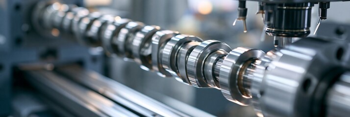 Fototapeta premium Medium shot of singlestick camshaft grinding capturing the precision shaping of cam lobes on a sleek automated grinding machine in an industrial workshop.