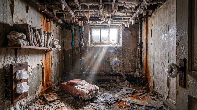 An abandoned basement in coastal town flooded once, covered in white salt crusts and formations, with a toy car on the debris-strewn floor illuminated by a sunbeam from a small window.