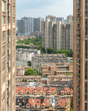 Dense residential district in Nanjing framed by high rise towers
