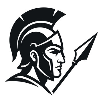 Black and white illustration of ancient Greek warrior head with spear  monochrome graphic design icon
