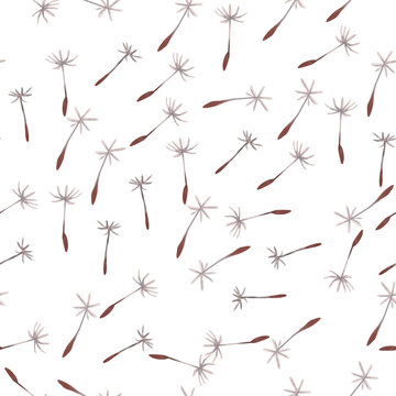 Seamless watercolor pattern with scattered flying dandelion seeds on white background. Hand painted airy botanical repeat design for fabric and wallpaper