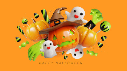 Naklejka premium Happy Halloween 3d vector illustration in 3d cartoon style. Funny scary toy characters. Minimal cute bright composition.