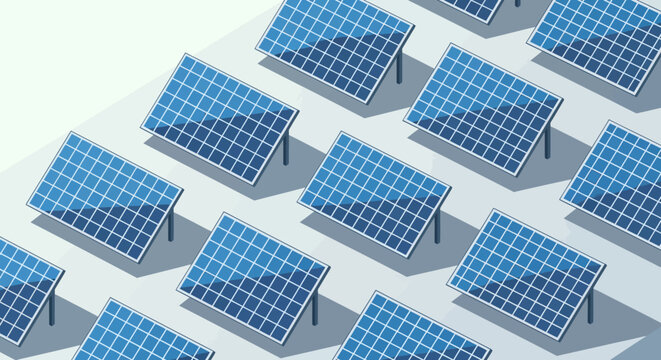 Illustrated solar panels array producing clean and sustainable energy for the environment