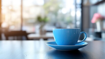 Fototapeta premium A serene coffee cup on a saucer, set against a blurred caf? background.