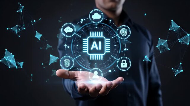 Artificial intelligence technology concept with glowing icons over businessman hand.