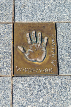 Miedzyzdroje, Poland - May 3, 2026: Handprint and signature of Waldemar Malicki at Walk of Fame, Promenade of Stars (Promenada Gwiazd). Waldemar Malicki is a Polish pianist and satirist.