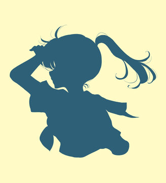セーラー服の女子学生　見通す　ポニーテール　シルエット