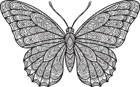 Intricate Zentangle Style Butterfly Illustration with Detailed Ornate Patterns and Tribal Decorative Elements for Creative Coloring Page and Nature Graphic Art Projects