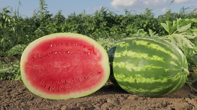 Ripe sliced watermelon with red juicy flesh lying on the soil near a cultivated field, fresh organic summer fruit in agricultural environment