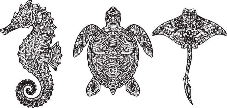 Intricate Sea Life Illustration Set Featuring a Seahorse, Sea Turtle, and Stingray with Ornate Tribal Zentangle Patterns Black and White Vector Graphic