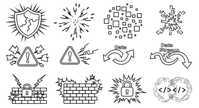 Cybersecurity and Data Breach Hand Drawn Icons Set with Broken Shield, Padlock, Firewall, and Warning Signs on White