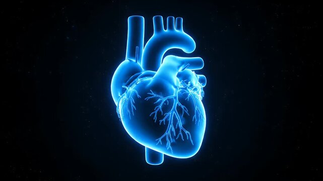 Glowing blue human heart beating on a dark background with particles for medical use.