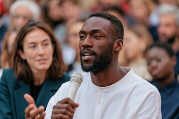Obraz premium Young man speaking into a microphone at a public event with an attentive crowd for event banner and background
