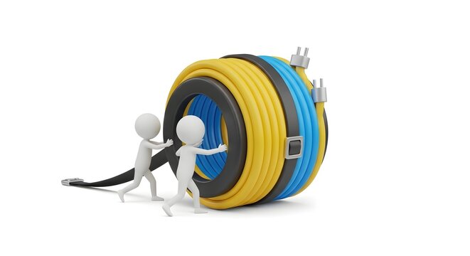 Figures rolling a large spool of blue and yellow cables