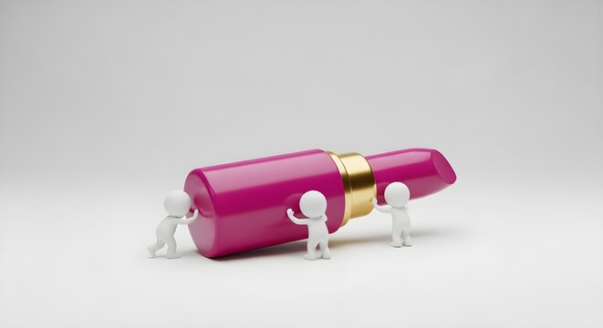 Team of tiny figures moving a giant pink lipstick tube