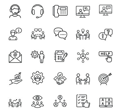 Customer support business management web line icons set telemarketing headset support agent corporate leadership gear process & more vector illustration with editable stroke