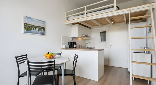 Modern studio apartment interior with loft bed compact kitchen and dining table