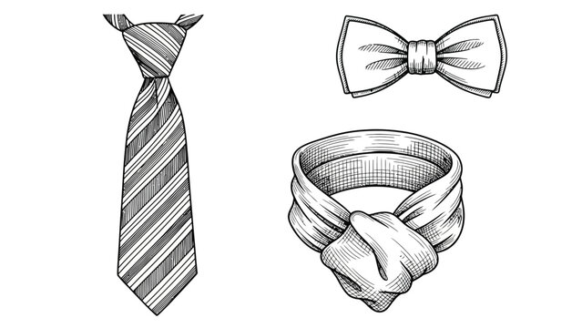Set of black and white hand drawn accessories necktie bow tie and folded cravat for male formal wear illustrations isolated on white background vintage style.