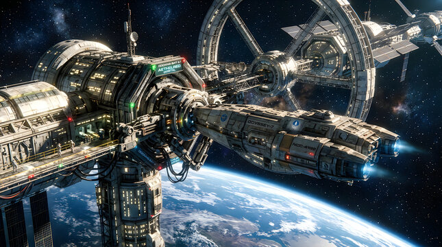 Space station module in orbit around earth