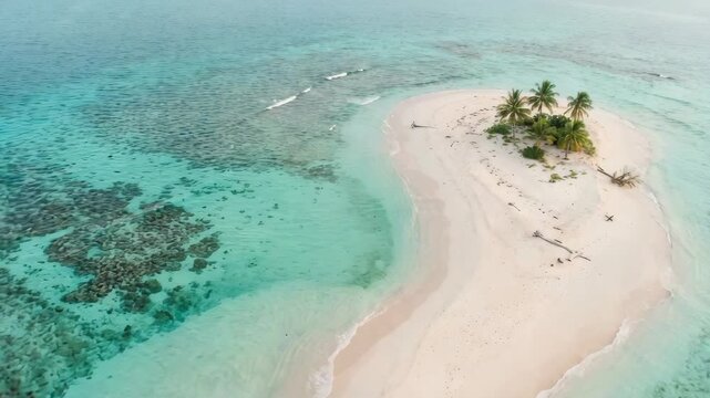 Tropical Paradise Island: An idyllic, uninhabited island with pristine white sand beaches, turquoise waters, and lush palm trees, showcasing the ultimate escape to a remote tropical haven.