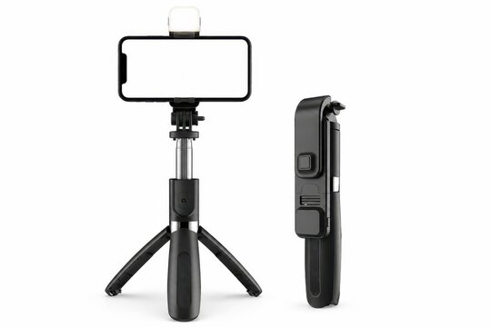 Foldable Smartphone Selfie Stick Tripod with Wireless Remote and LED Light Isolated on White Background
