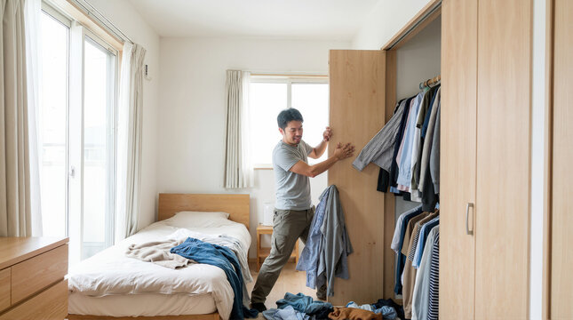Man organizing clothes in messy bedroom for lifestyle blogs, home improvement websites, decluttering tips, and personal organization content