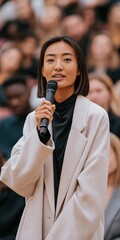 Obraz premium Female presenter with microphone wearing a beige blazer and black top speaking to an audience for event poster background and conference banner design