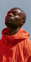 Fototapeta na wymiar Close-up moody portrait of a man in an orange hooded jacket with red side lighting for fashion background and editorial banner