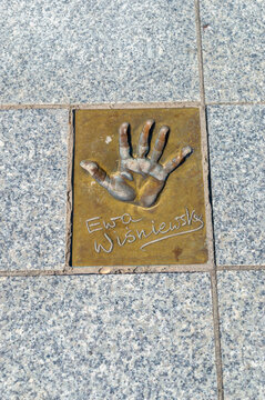 Miedzyzdroje, Poland - May 3, 2026: Handprint and signature of Ewa Wisniewska at Walk of Fame, Promenade of Stars (Promenada Gwiazd). Ewa Wisniewska is a Polish film actor.
