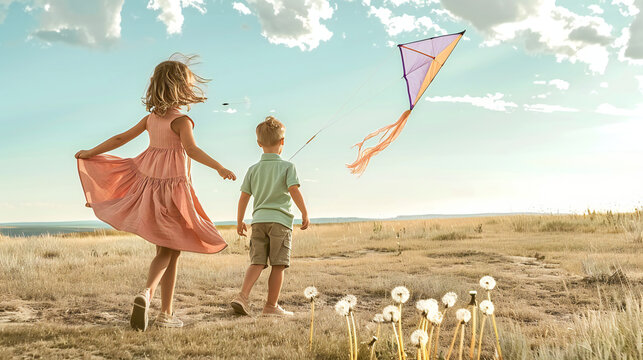 Young siblings twirling in sun‑splashed meadow with kite, tilt‑shift cinematic style