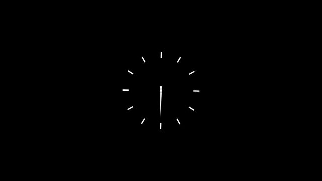 Clock spinning, watch animation Black background with alpha channel. Clock icon flat style. 12 hours clock dial , twenty-four hours time lapse animation. 4K video