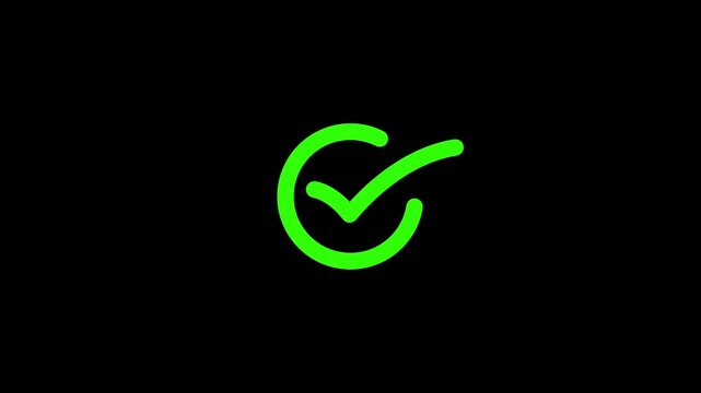 Green checkmark symbol on a black background in this video. Checkmark animation. 4k Video