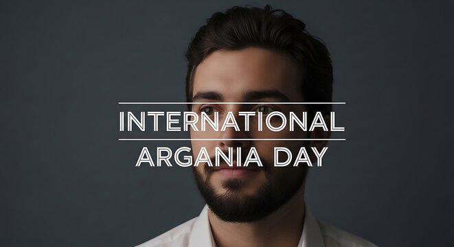 Man with beard promoting international argania day against a gray background