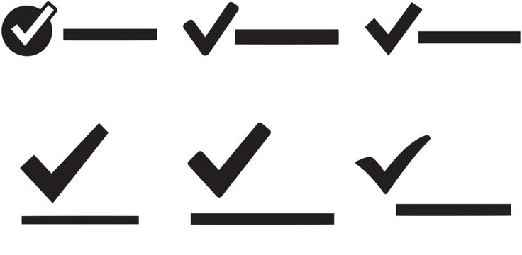 Minimal black check mark icons and verification symbols on transparent background for approval, completed task, confirmation, and validation design use