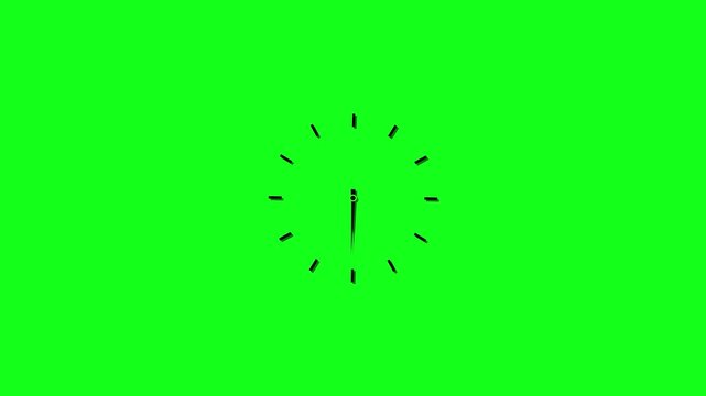 Clock spinning, watch animation on Green background with alpha channel. Clock icon flat style. 12 hours clock dial , twenty-four hours time lapse animation. 4K video