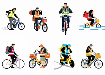 Obraz premium Set of eight bicycle delivery couriers in various poses, wearing reflective vests and carrying thermal backpacks for urban food and parcel delivery services.